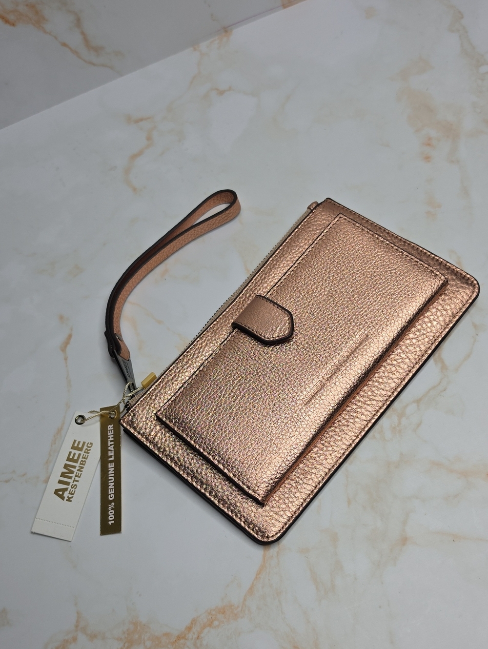 Aimee Kestenberg rose gold pebbled leather wristlet wallet front snap New